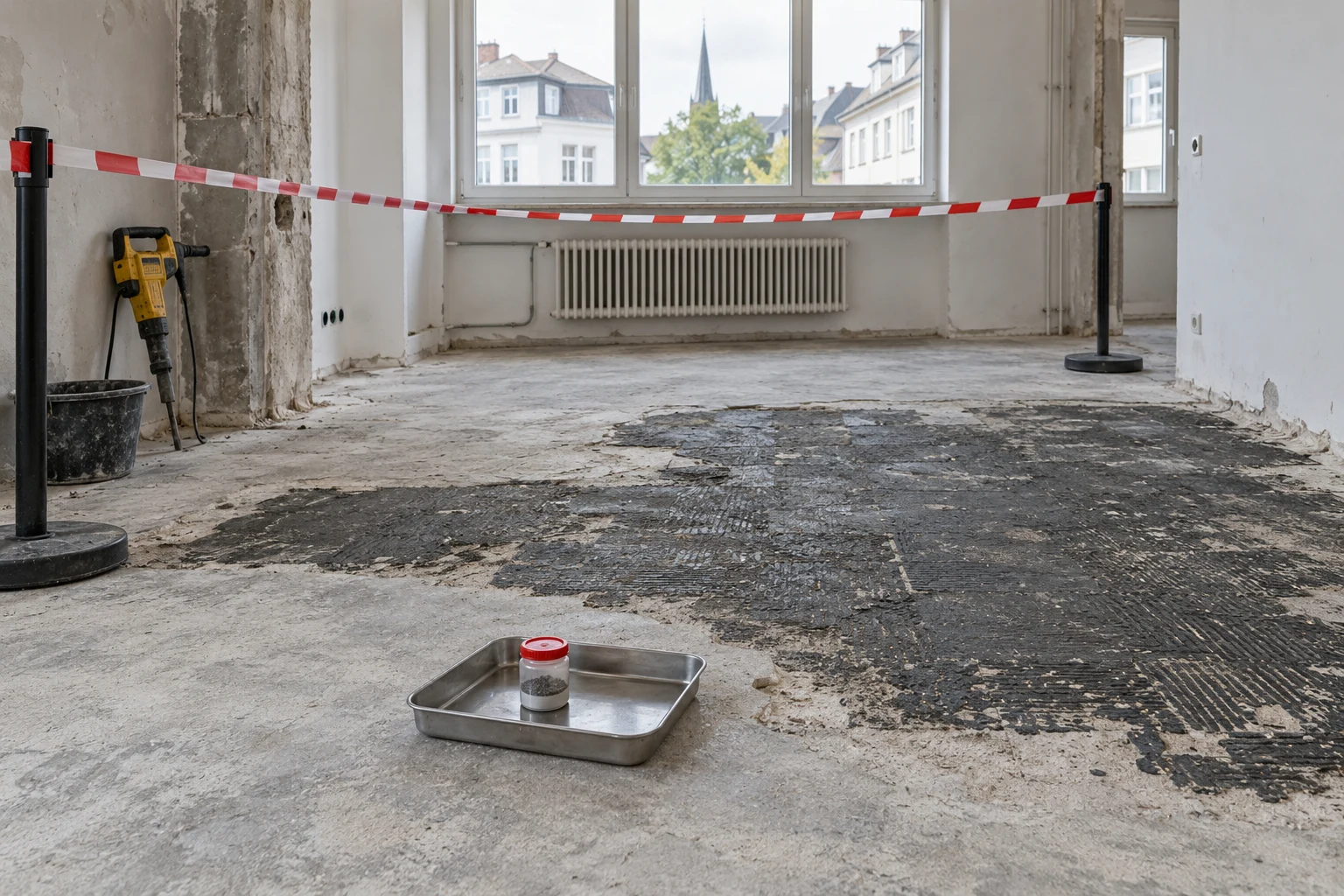 KI-Illustration: Freigelegter dunkler Bodenaufbau in einem abgegrenzten Sanierungsraum